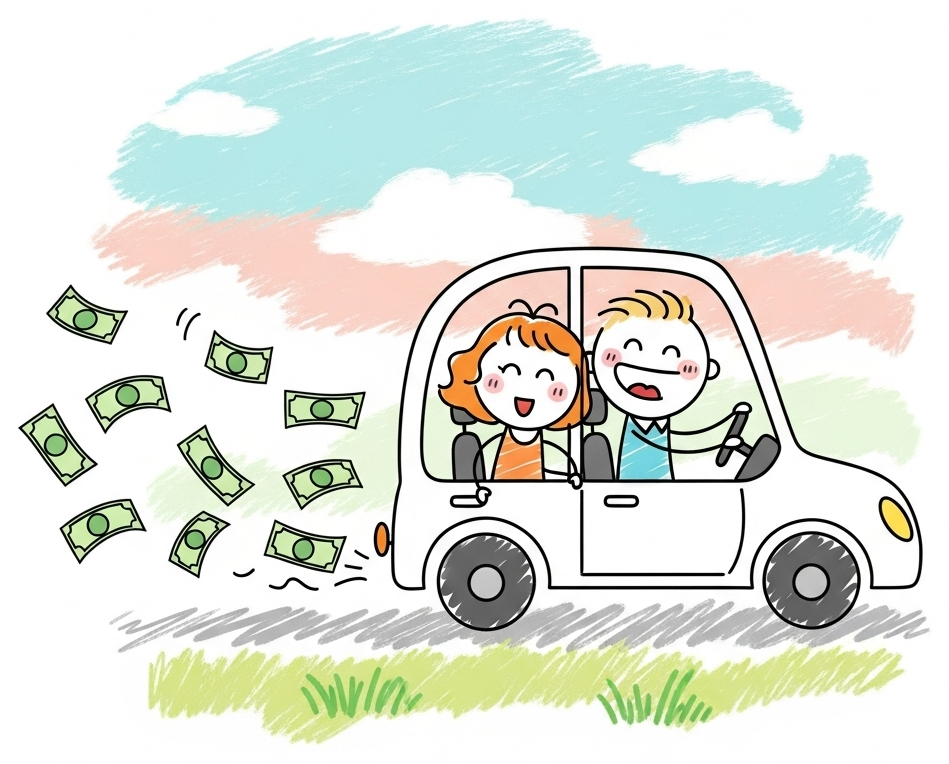 Illustrated couple driving forward with money trailing behind them